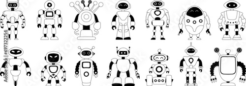 Set of linear black and white robot icons Isolated on white background. Character Artificial Intelligence Concept Flat Vector Illustration.