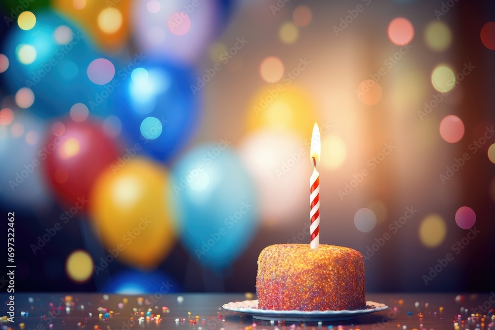 Birthday cake with candles, rainbow, multicolored balloons and sparkles, chocolate, sugar and candies, candles, sweet dessert Ai generated