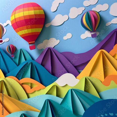 Generative AI illustrations, Flying Paper cut balloons in paper cut style.