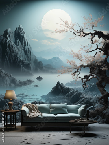sofa with moon and snow landscape
