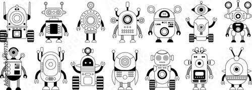 Set of linear black and white robot icons Isolated on white background. Character Artificial Intelligence Concept Flat Vector Illustration.