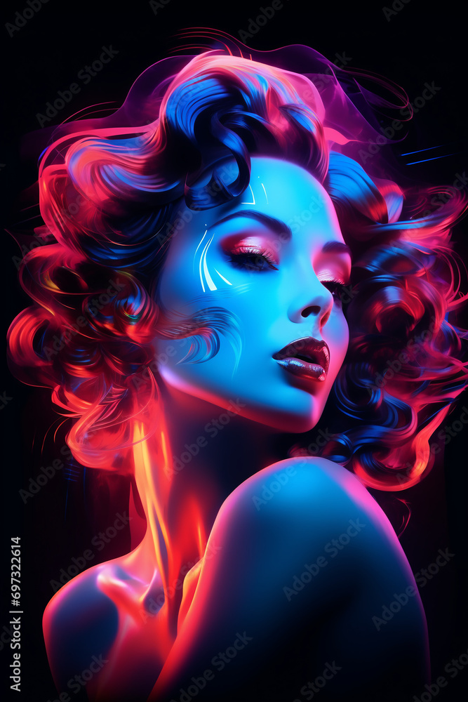Fantastic portrait of a beautiful girl in neon light, woman art model unusual 
