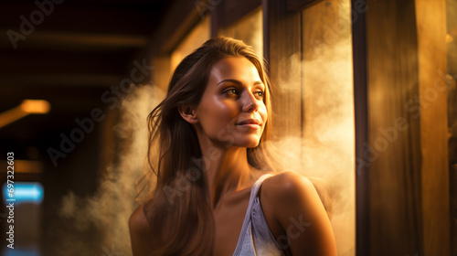 beautiful caucasian woman relaxing in a steam sauna