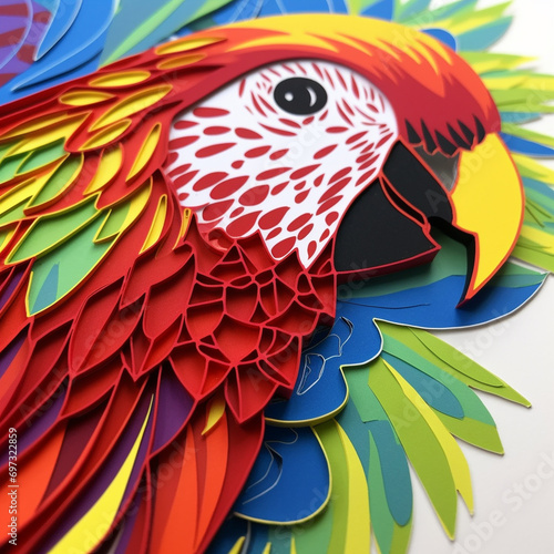 Generative AI illustrations, Cartoon parrot bird in trendy paper cut craft graphic style.