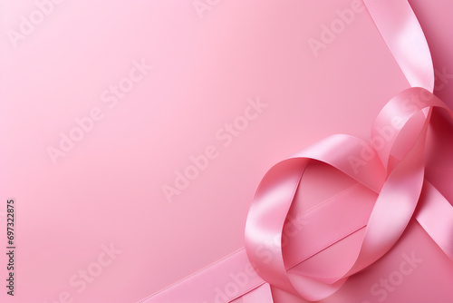 a prominent pink ribbon on a pink background represents breast cancer awareness.