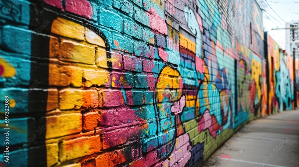 Fototapeta premium Colorful street art mural on an urban wall, vibrant and creative graffiti.