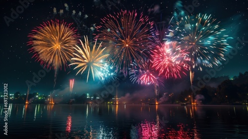 Colorful fireworks of various colors over night sky with reflection on water.