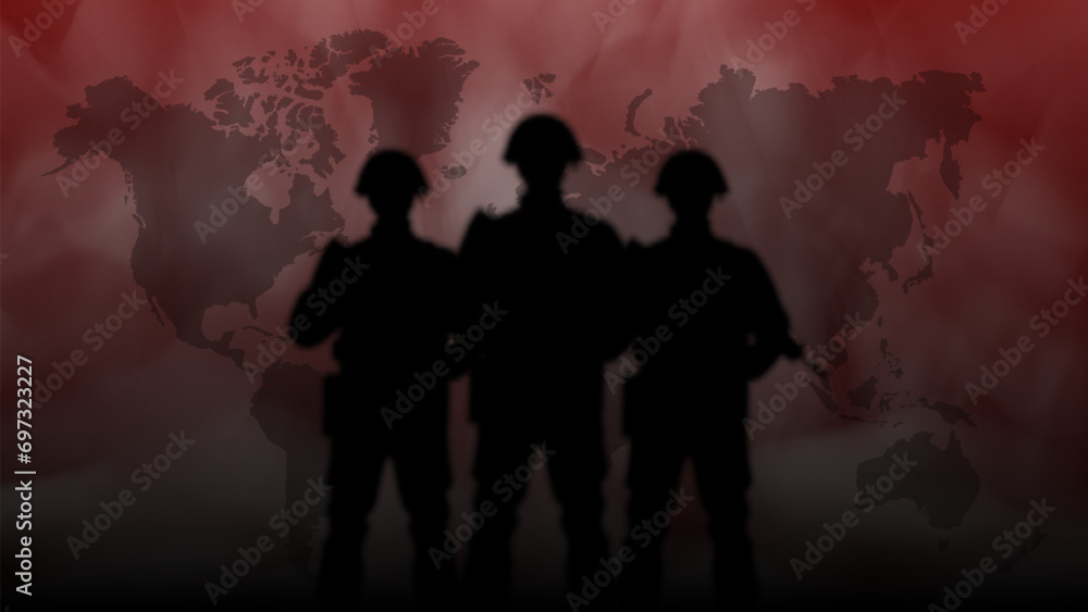 Vector dark shadows of departed warriors on a red background of a world map in the fog of war. Soldiers are defenders of peace.