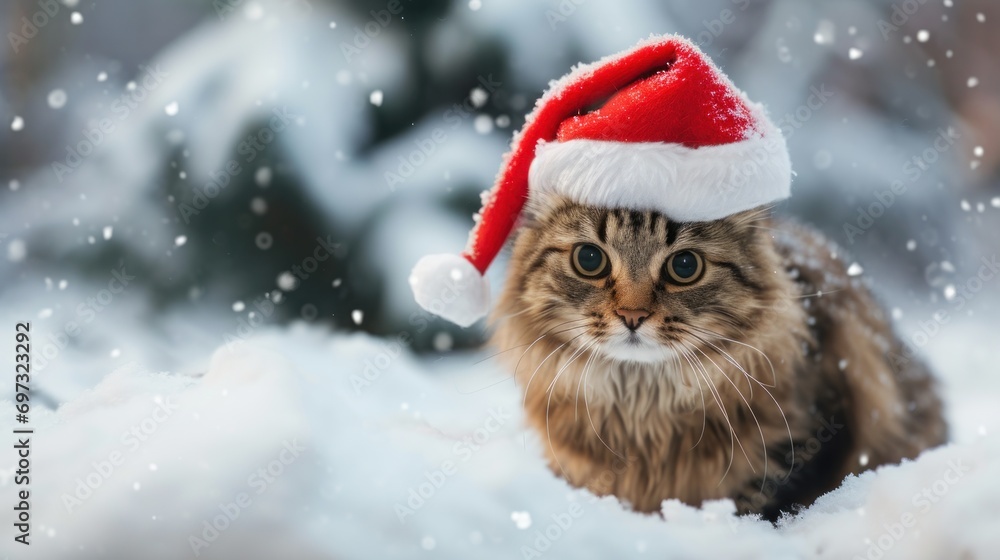 Funny cat wearing a Santa Claus hat in a snowy scene. Funny cat wearing a Santa Claus hat in a snowy scene.