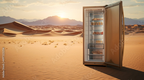 Open refrigerator with drinks and food in the desert