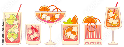 Vector flat illustration with gradient and outline. Alcohol cold drink with citrus fruits lime and orange. Cocktail set in glass. Liquid in tall and tumbler glass. Margarita. Mocktail beverage for bar