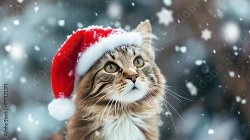 Funny cat wearing a red Christmas Santa Claus hat in snow falling sky scene.
