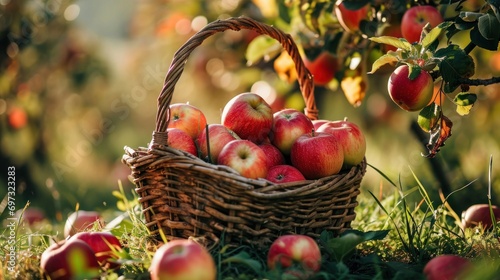 Freshly harvested apples in a rustic basket on a farm