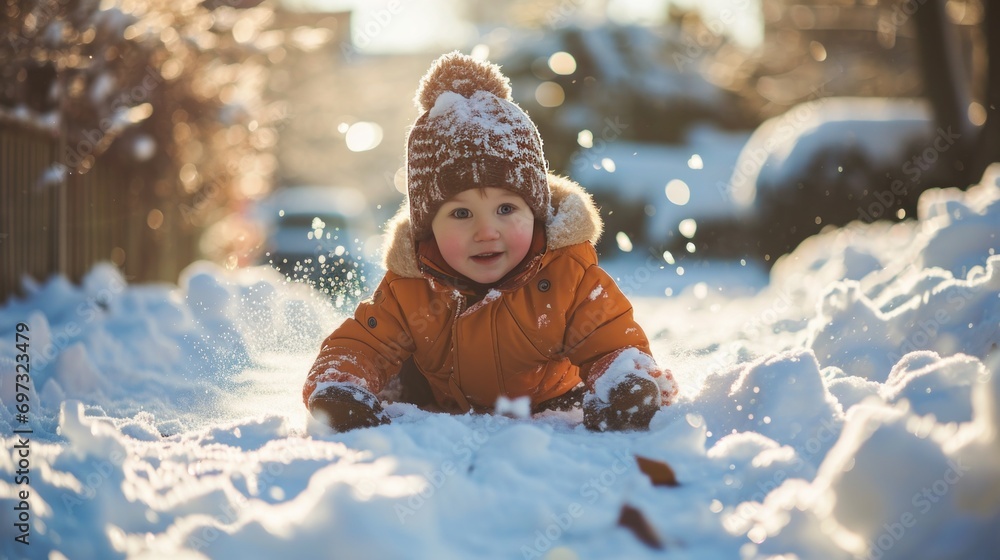 Little boy sliding on snow in winter, playful outdoor scene. Little boy sliding on snow in winter, playful outdoor scene.
