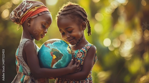 International day of peace concept, two African little girls holding earth globe.