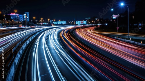 Light trails of cars on a busy highway at night.