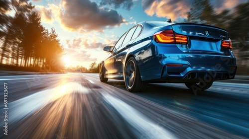 Rear view of blue Business car on high speed in turn.