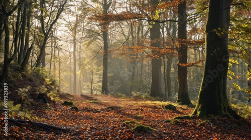 Tranquil forest landscape in autumn, with a carpet of fallen leaves and soft sunlight filtering through trees.