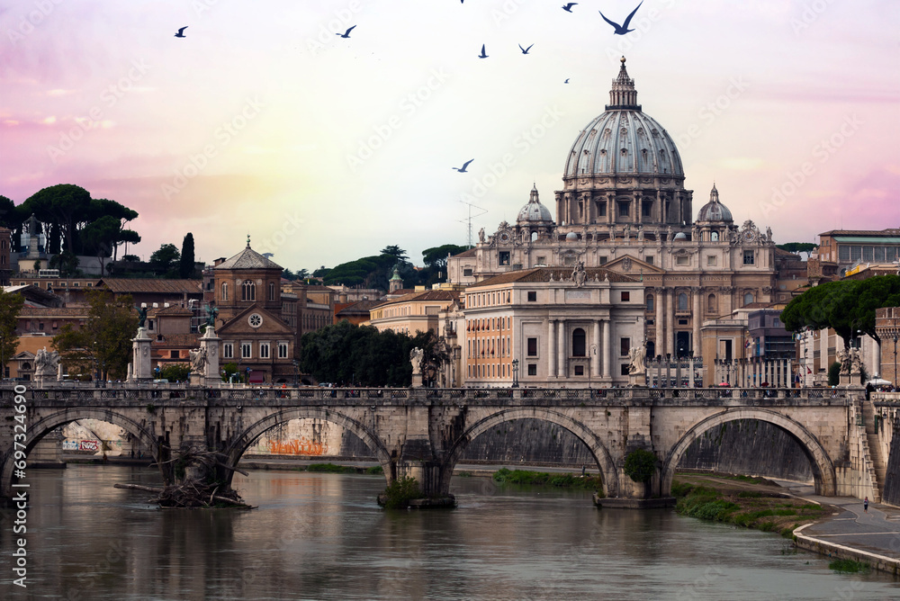 St. Peter's Basilica in the evening from Via della Conciliazione in Rome. Vatican City Rome Italy. Rome architecture and landmark. St. Peter's cathedral in Rome. Italian Renaissance church.
