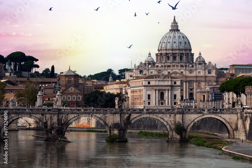 St. Peter's Basilica in the evening from Via della Conciliazione in Rome. Vatican City Rome Italy. Rome architecture and landmark. St. Peter's cathedral in Rome. Italian Renaissance church.
 photo
