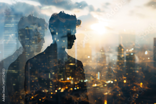 Double exposure portrait photo, man and city space blend together, peace of mind,abstract mentation,meditation,contemplative,philosophy, silhouett