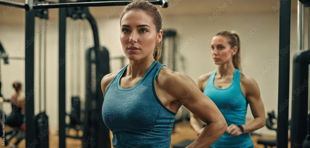 caucasian woman, age 30, muscles tense, big biceps, serious gym training, daily workout, indoor, with training colleague, fictional location, big breasts, muscle shirt caucasian woman, age 30, muscles tense, big biceps, serious gym training, daily workout, indoor, with training colleague, fictional location, big breasts, muscle shirt