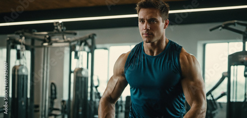 he tenses muscles, caucasia...