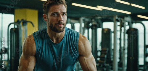 shy introvert smiles during 1-min break, caucasian man, 30s, muscular, gym fitness, daily muscle training, serious barbell workout, fictional setting photo