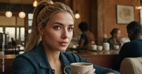adult woman, age 30-37, in cafe with large coffee cup, blue jacket, blonde hair in ponytail, other guests in background, everyday life, moment of peace, introspection