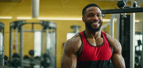 attractive 30-year-old man  big biceps  broad shoulders  thick triceps  in gym  smiling  daily muscle training  indoor  african-american