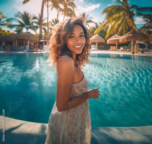 happy young woman by turquo...