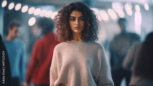 bright bar or club, annoyed or tipsy, cozy sweater, slim woman, tan skin, multiracial, 29, tired, wants to go home, disappointed, bored, anxious, shy, introverted photo
