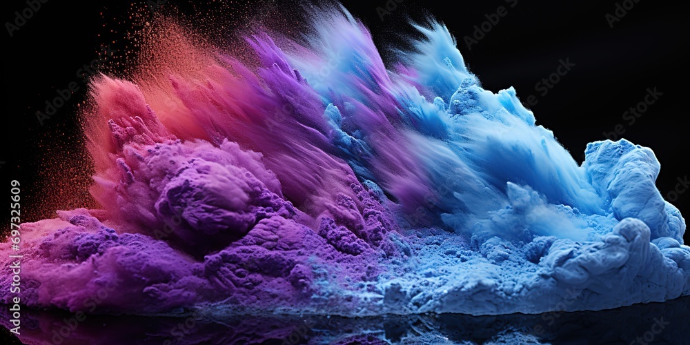 pink, blue and purple powder explodes on a black background. generative AI - obrazy, fototapety, plakaty 