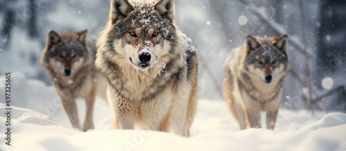 Mexican gray wolves  Canis lupus  in snowy conditions