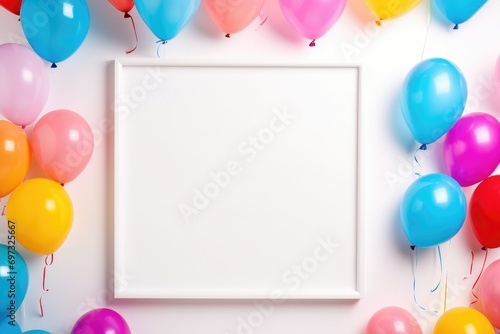 Blank square frame mockup with color balloons and confetti, square frame on color balloons and confetti, AI Generated