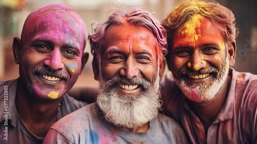 Close-up portraits of individuals at a Holi gathering, their faces adorned with vivid colors, expressing the essence of unity and joy