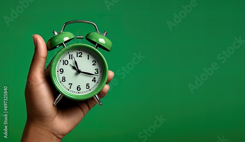 alarm clock on green background. generative AI photo
