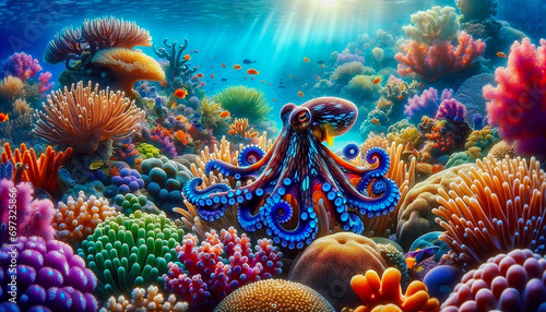blue ringed octopus on coral reef illustration photo
