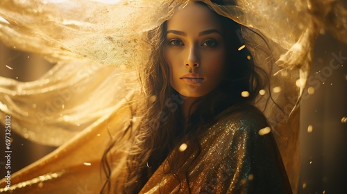 An ethereal depiction of a beautiful woman adorned in golden patterns and flowing robes