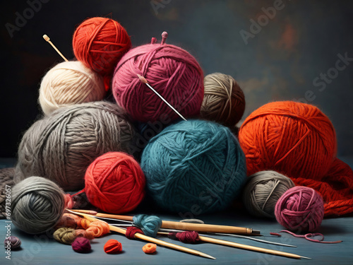 Handicrafts in variety: wool balls, needles and beautiful threads