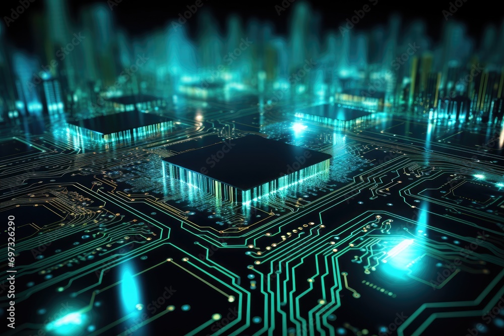 Circuit board with microchips and connections. 3d rendering, AI Generated