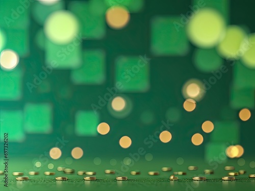 Banner background with abstract blur bokeh. Defocused emerald green background with a gold bokeh