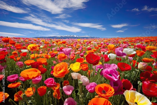 Red and yellow poppies in a field on the background of the mountains, AI Generated
