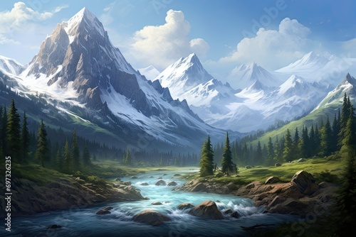 Mountain landscape with a river and snow-capped peaks, AI Generated