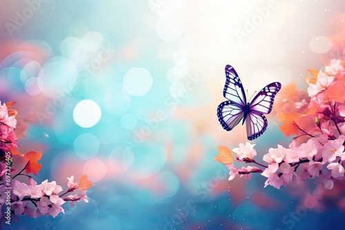 Beautiful spring blossom background with butterfly and bokeh lights, AI Generated