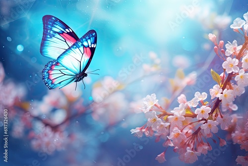 Beautiful cherry blossom and butterfly. Nature background. Spring, AI Generated