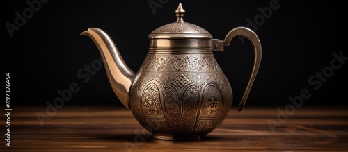 Antique Moroccan teapot pitcher with elegant engravings, used for serving tea and coffee. photo