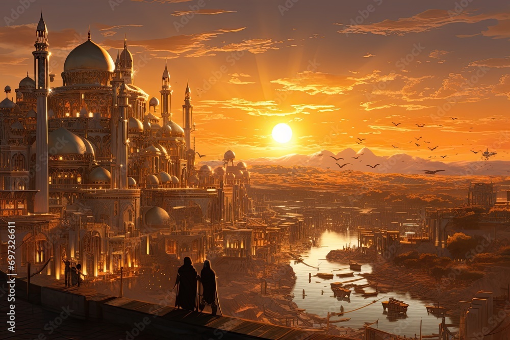 Naklejka premium Business people standing on the bridge over the river and looking at the sunset, AI Generated