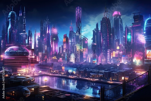 Futuristic city at night. 3D illustration. Neon lights, AI Generated © Iftikhar alam