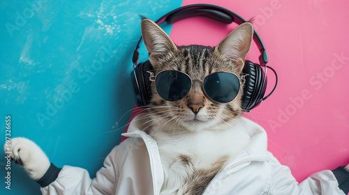 Portrait of funky tabby cat wearing cool glasses and headphones and listening music on a trendy color background photo